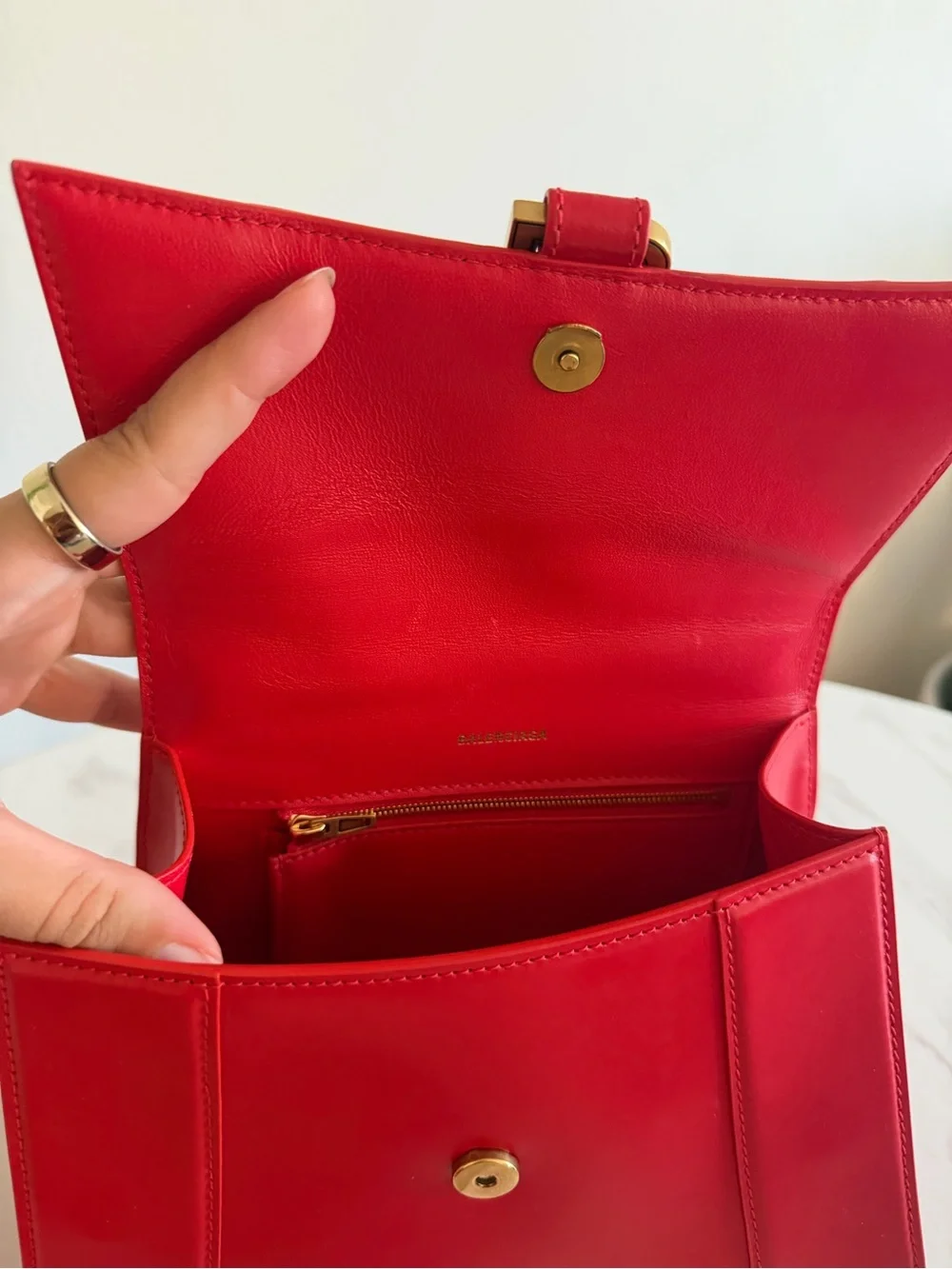 Balenciaga Red Hourglass Top Handle Satchel with Gold 'B' Logo